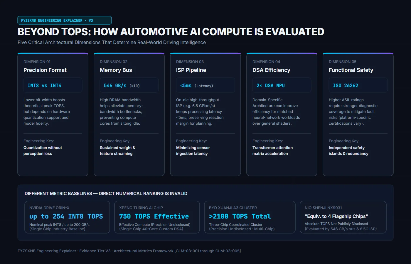 Infographic explaining five core dimensions beyond raw TOPS for automotive AI computing: precision format, memory bandwidth, ISP latency, DSA efficiency, and ISO 26262 functional safety.
