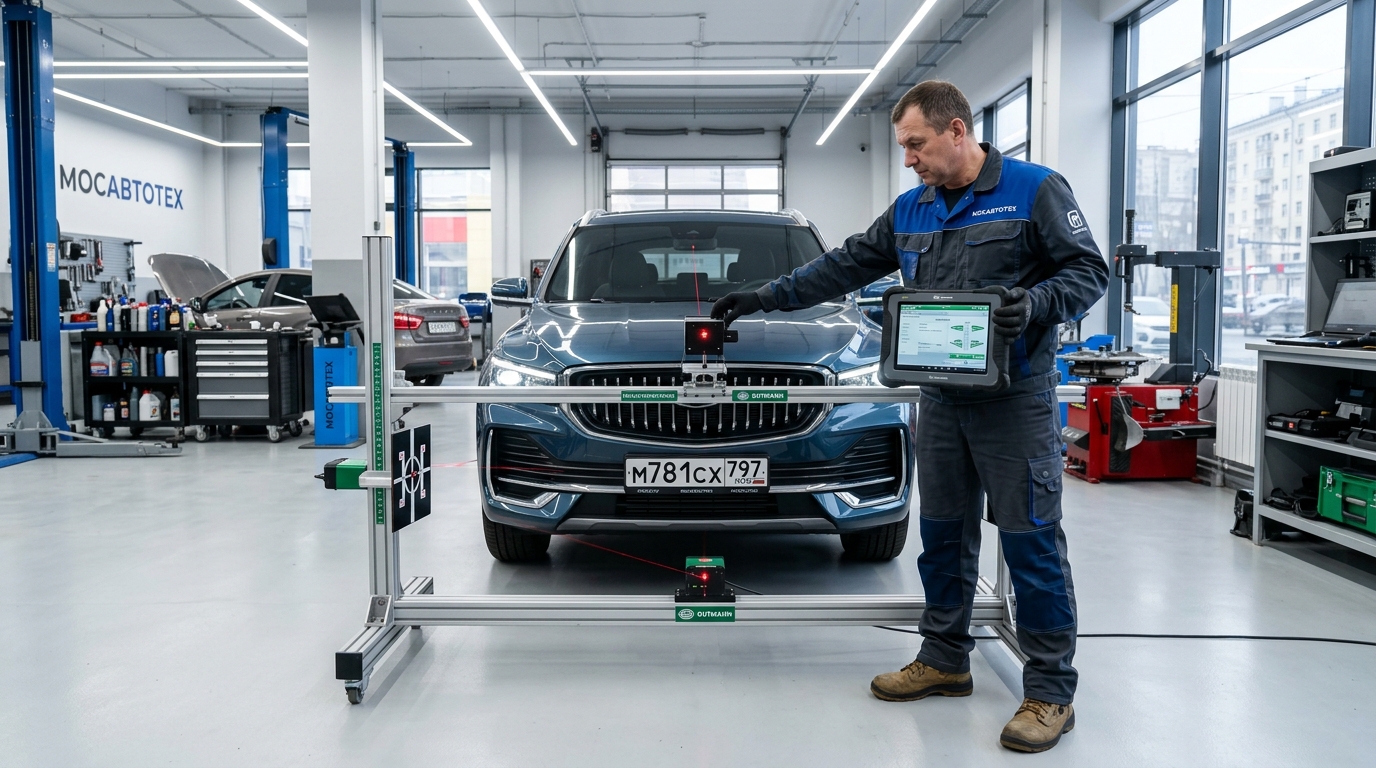 ADAS laser calibration station in an independent Russian repair workshop calibrating a Chinese crossover
