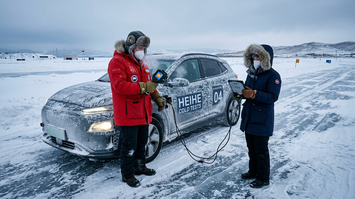 Automotive calibration engineers conducting extreme sub-zero thermal tests (-38°C) on Chinese electric vehicle battery packs.