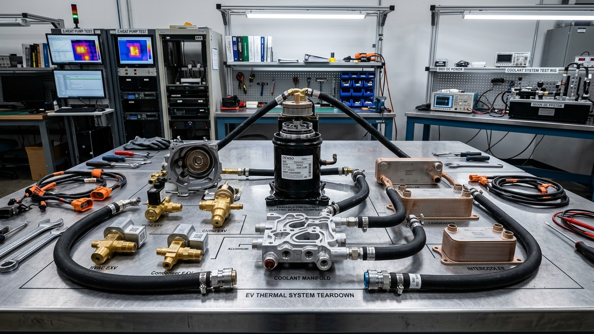 Teardown inspection of an integrated EV broad-temperature heat pump module, showing electric compressor and multi-way coolant manifold.