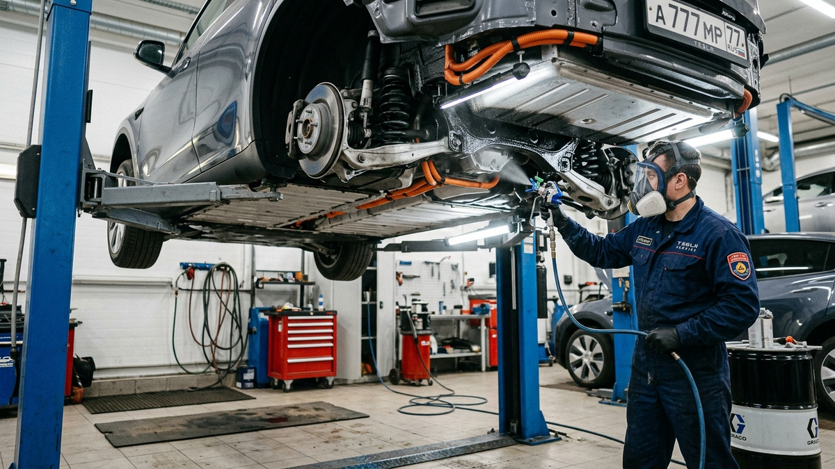 Automotive technician applying protective anti-corrosive underbody wax coating to electric vehicle battery bottom plate.