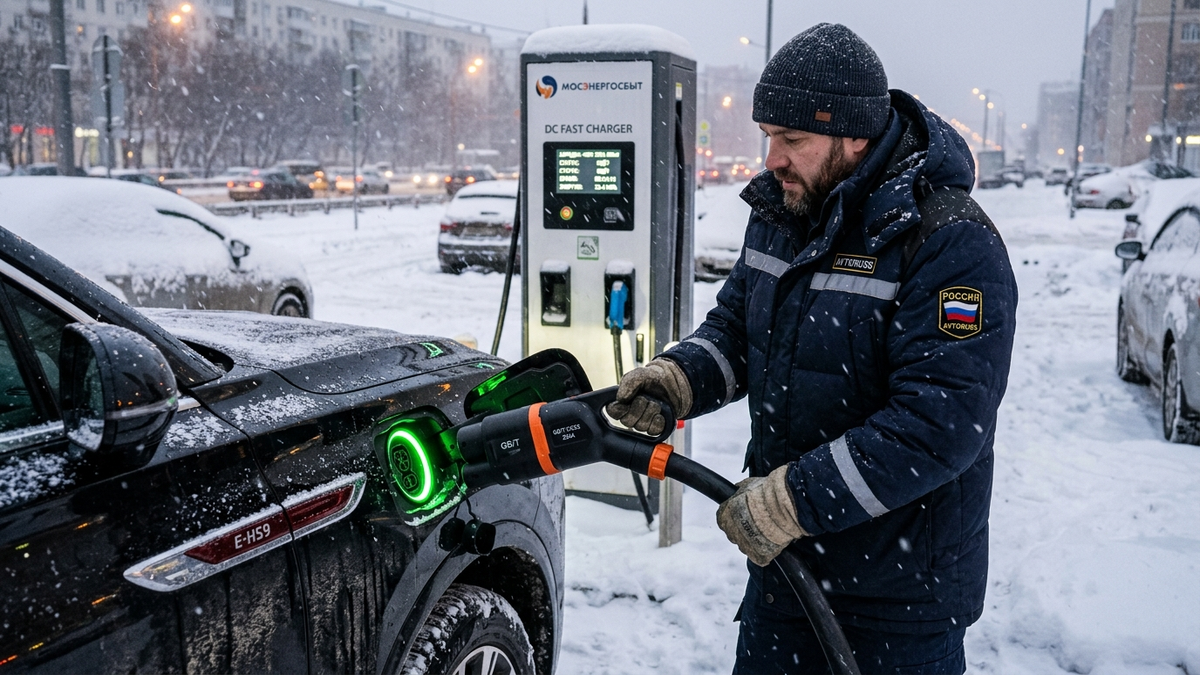 Winter fast-charging of a Chinese EV at a public charging station in freezing weather using a high-current GB/T adapter.