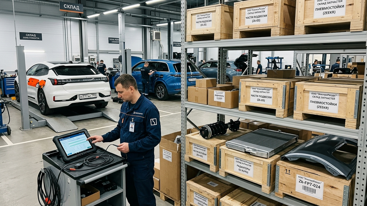 Modern specialized EV service center in Russia with original replacement parts inventory and diagnostic workstations.