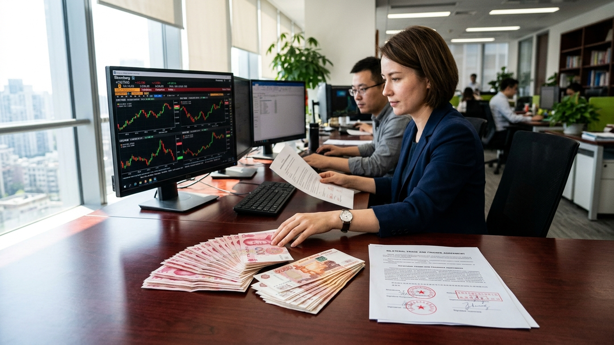 Corporate trade finance desk with Chinese Yuan and Russian Ruble banknotes, signed bilingual commercial contract, and FX market terminal.