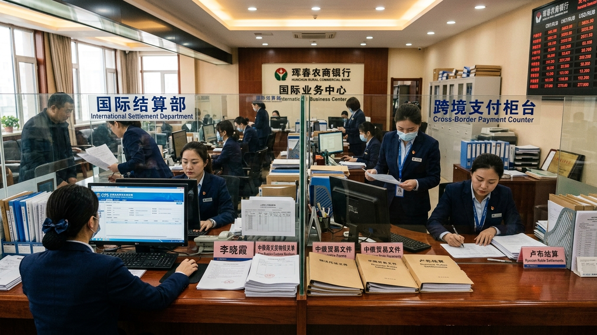 Regional commercial border trade settlement desk in Northeast China processing direct interbank RMB-RUB transactions.