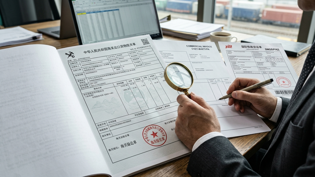 Auditing a cross-border trade compliance file: China Customs Declaration (CCD) with official red customs stamp, commercial invoice, and railway bill for SAFE FX verification.