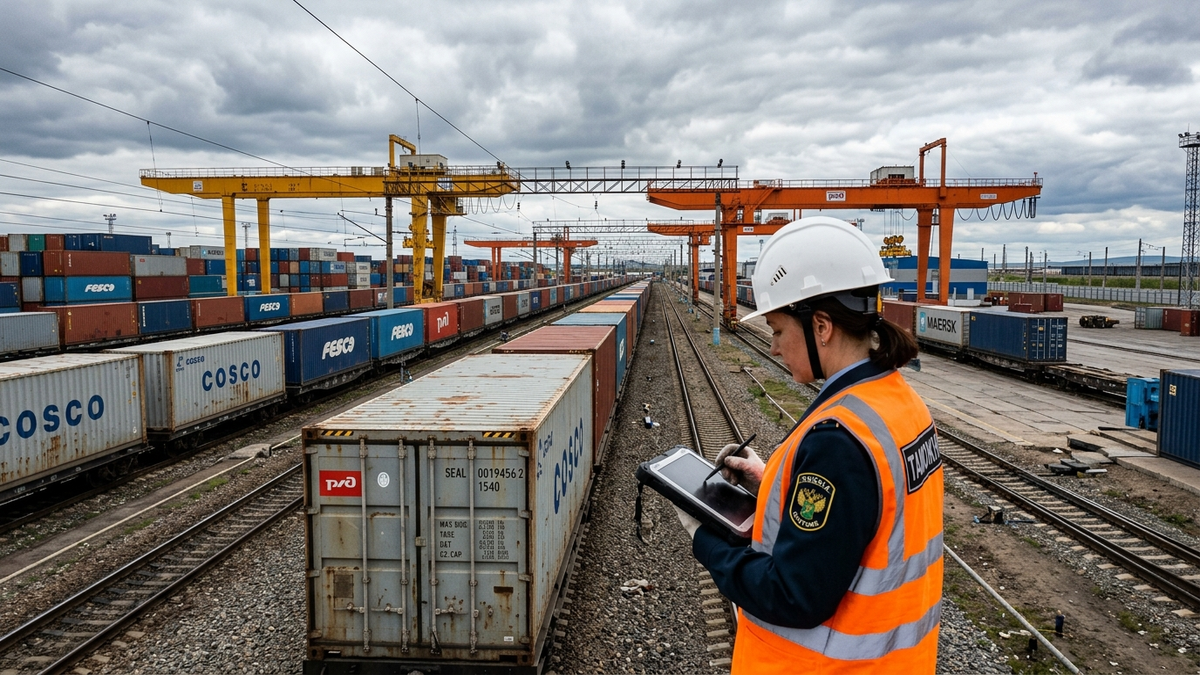 Overland cross-border railway logistics terminal at the China-Russia border with container freight trains and customs clearance operations.