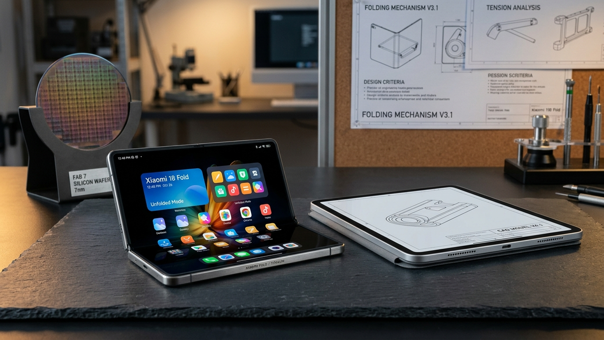Xiaomi 18 Fold flagship foldable device and Pad 9 Pro Max tablet in industrial design studio with silicon wafer