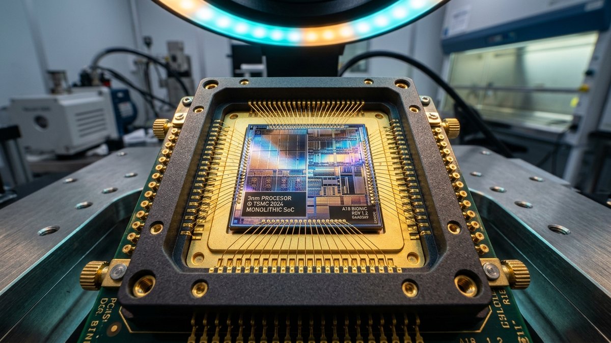 3nm monolithic smartphone SoC die mounted in gold-plated test socket inside semiconductor cleanroom