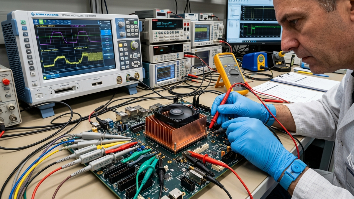 Geekerwan engineering reference board with active copper heatsink and power analyzer probes on lab bench
