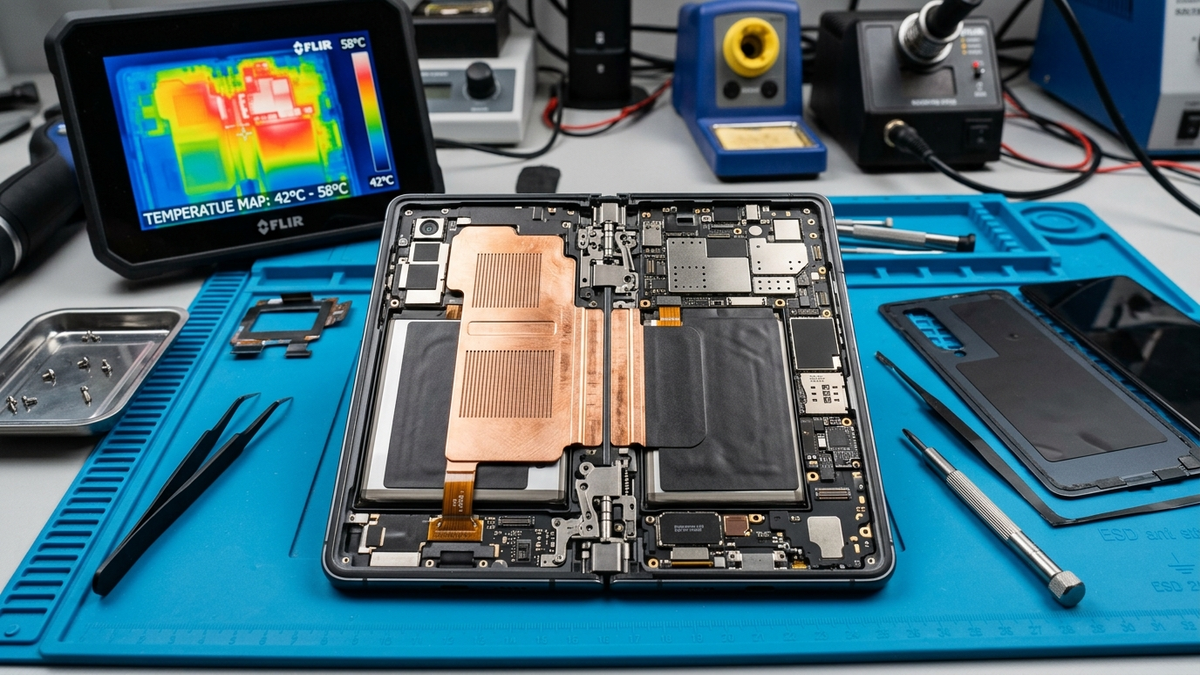 Xiaomi 18 Fold teardown showing dual-wing vapor chamber, graphite heat spreaders, and FLIR thermal imaging screen