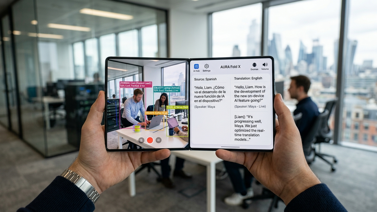 First-person view holding unfolded foldable phone running on-device AI vision tracking and real-time translation