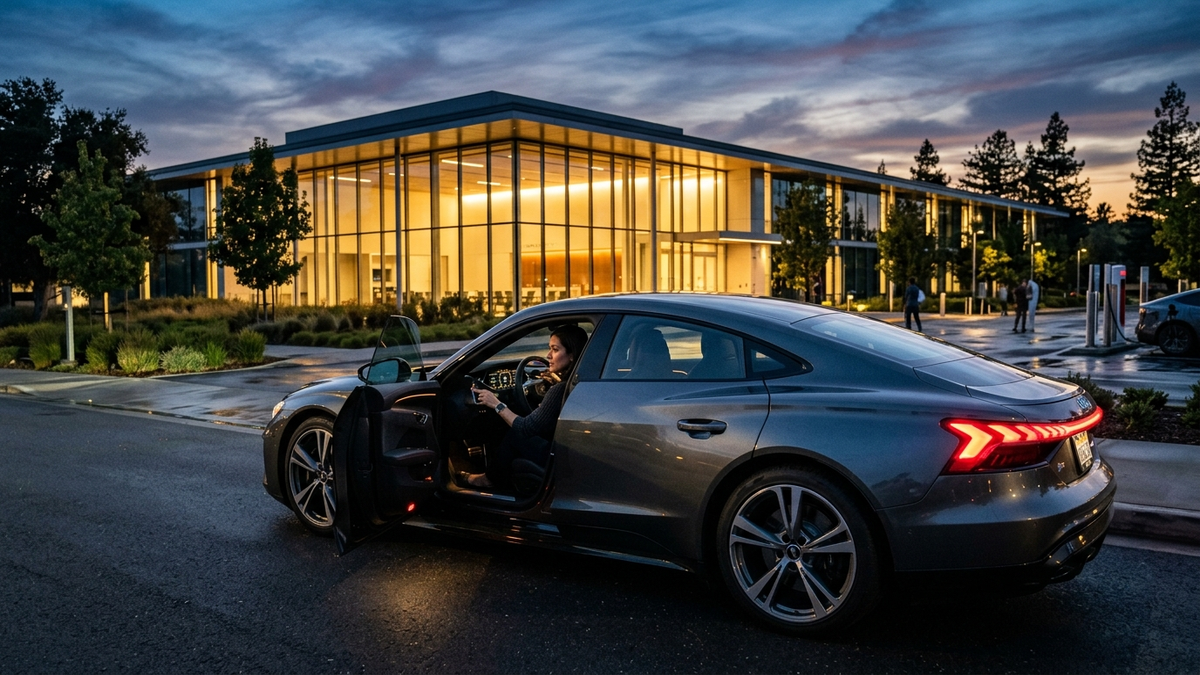 Flagship electric vehicle cockpit and mobile devices at twilight outside illuminated tech headquarters