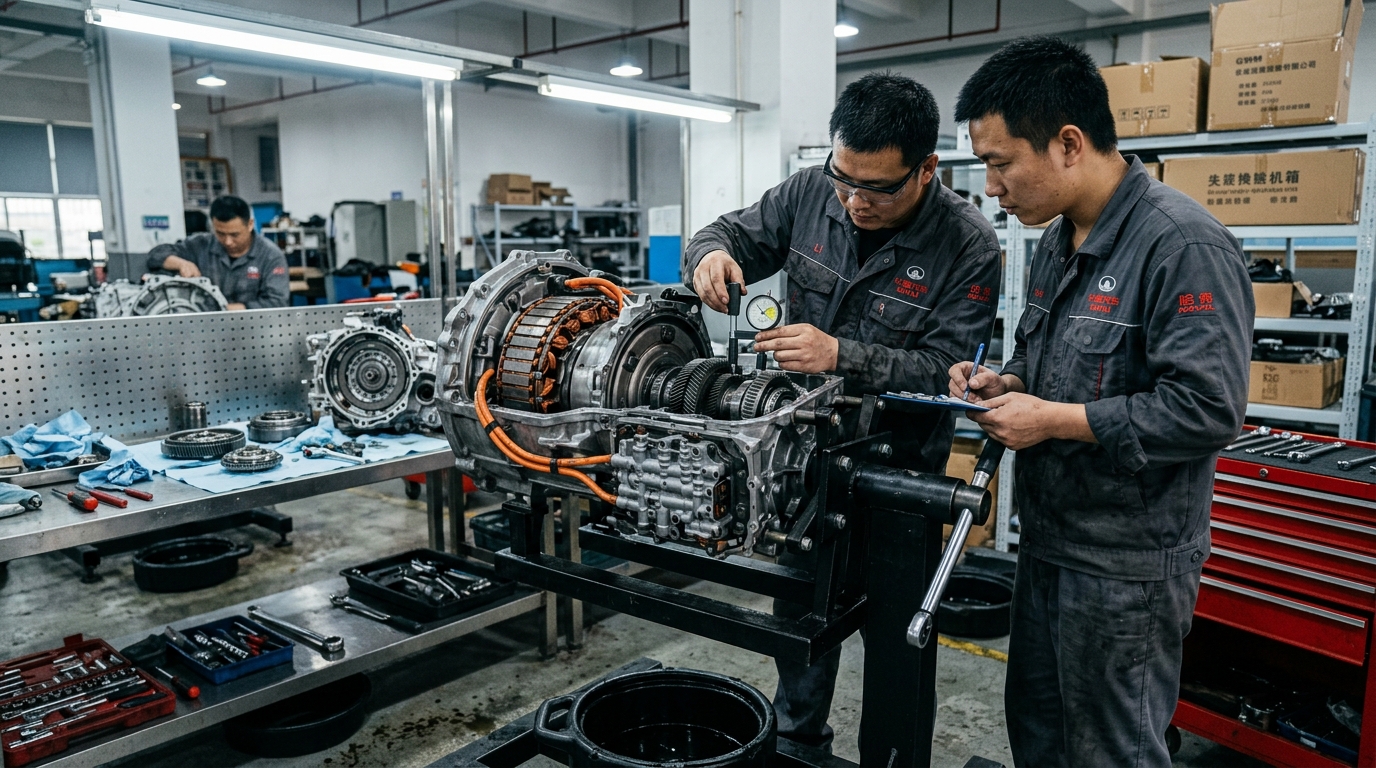 Chinese Dedicated Hybrid Transmission DHT assembly on engine stand during overhaul with dial indicator measurement