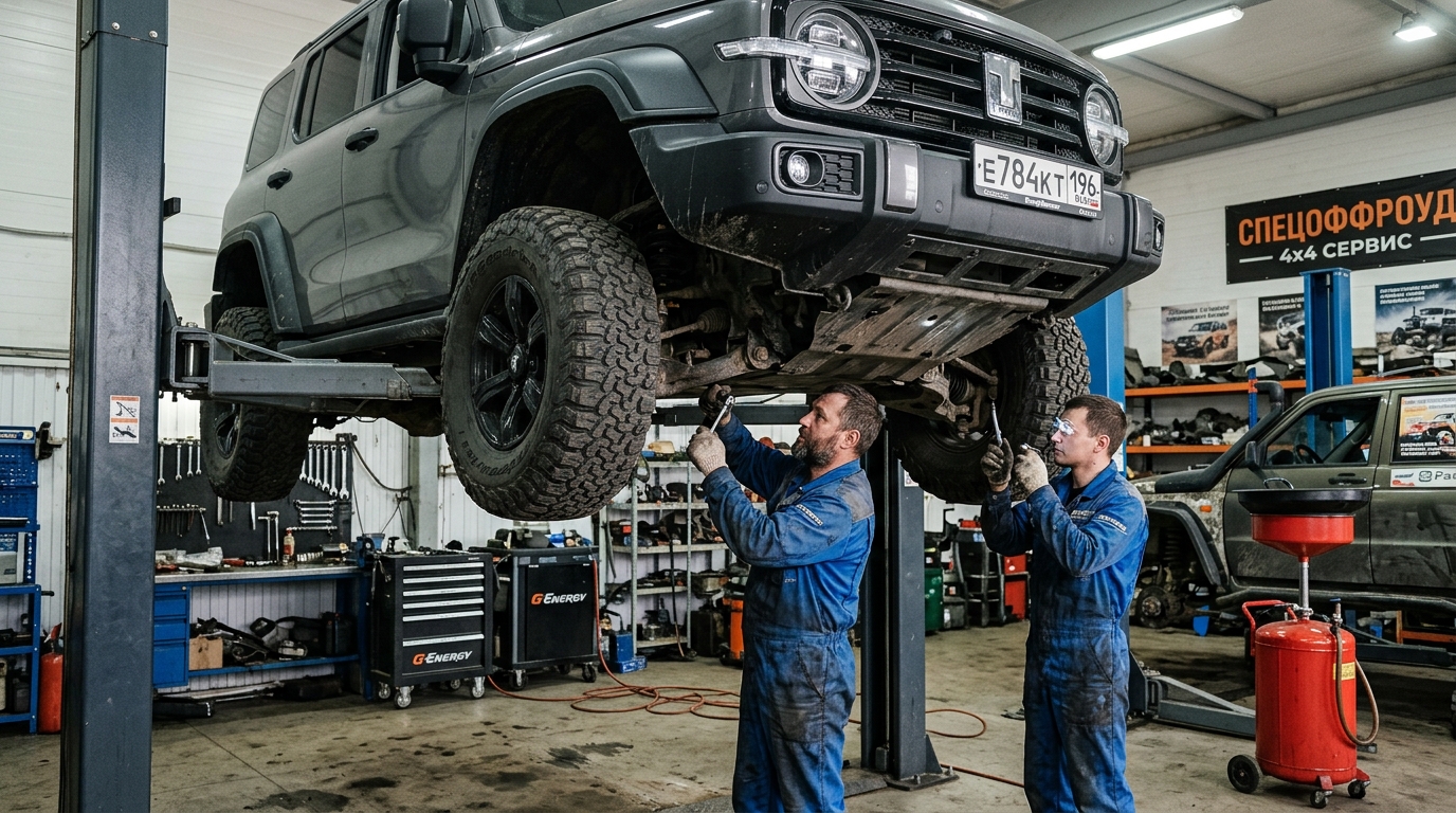 Tank 300 elevated on heavy-duty lift for drivetrain and underbody inspection in Russian 4x4 workshop