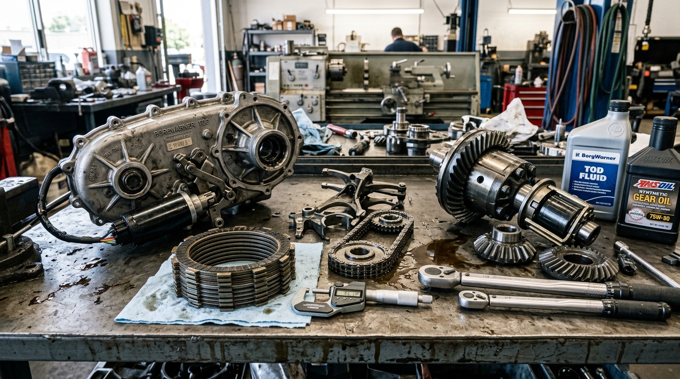 BorgWarner TOD transfer case and Eaton differential locker teardown on workshop workbench