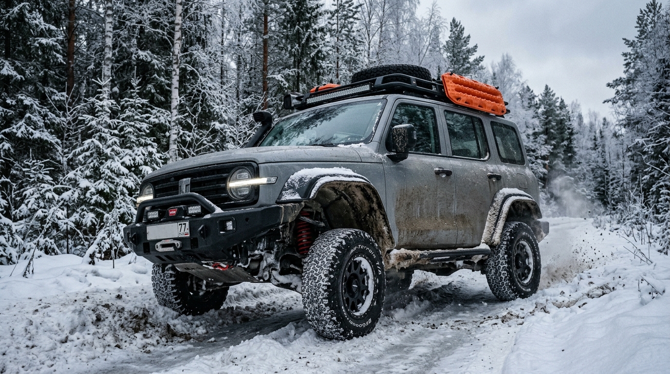 Tank 300 modified for winter expedition navigating deep snow with heavy-duty suspension