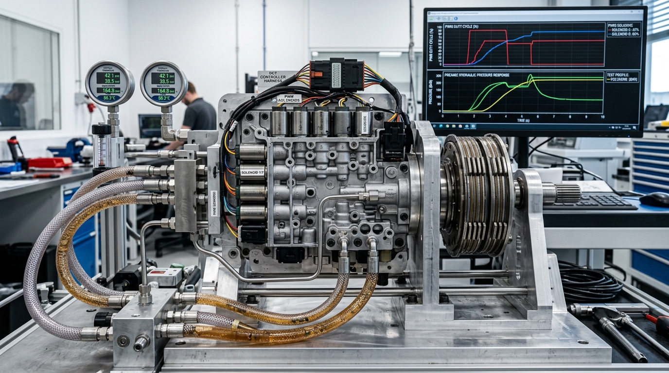 Wet dual-clutch electro-hydraulic valve body on automated hydraulic calibration test bench